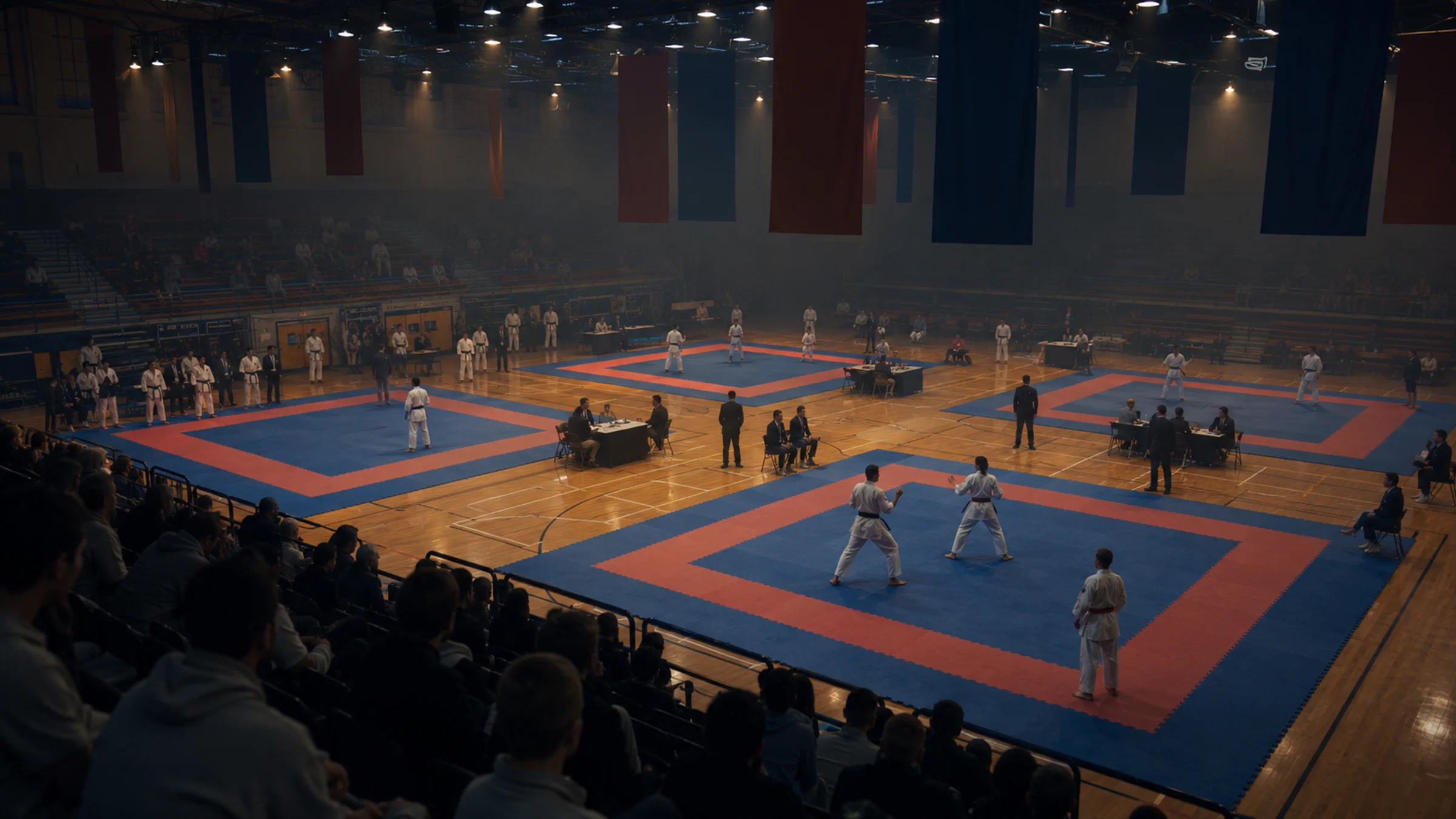 Karate tournament floor with multiple rings, competitors warming up, and spectators in the stands