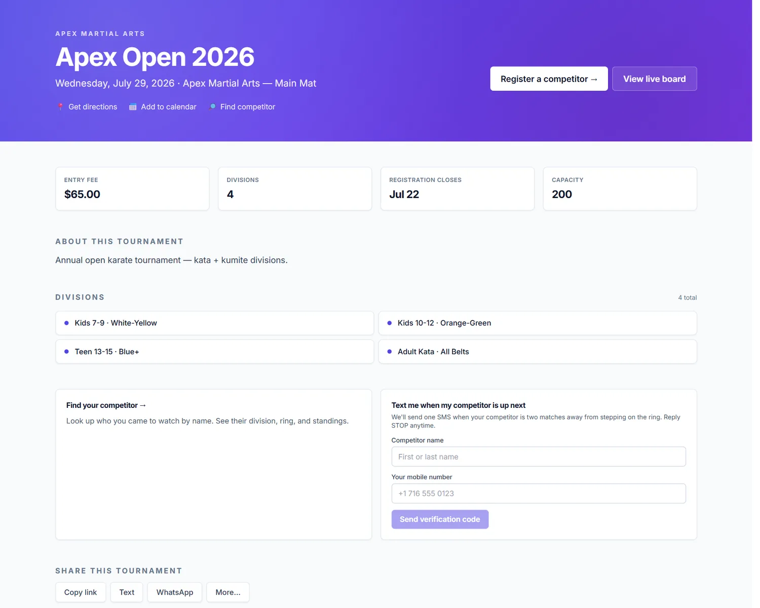 Public tournament page for Apex Open 2026 with a Register button, division list, and a live-board link