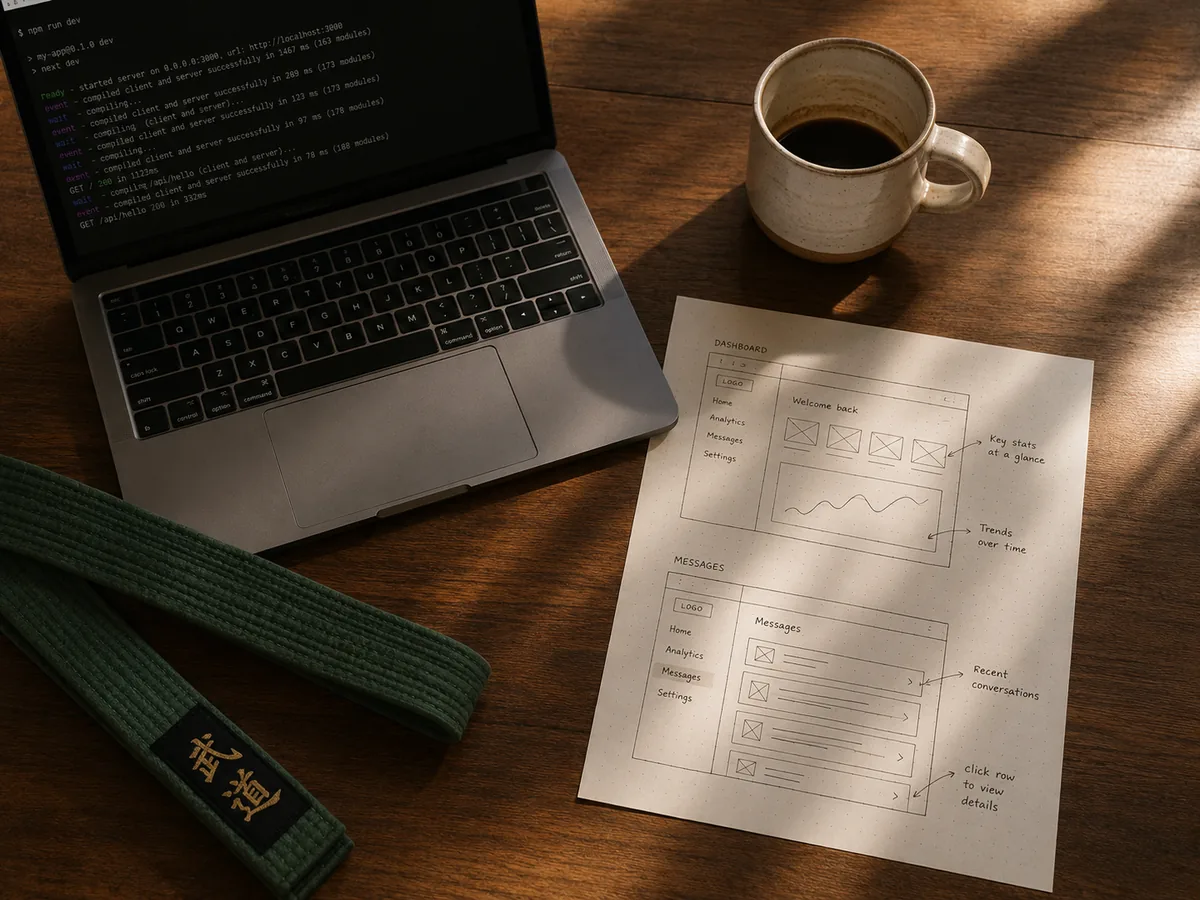 A desk with a laptop, a printed wireframe sketch, a coffee mug, and a folded martial arts belt