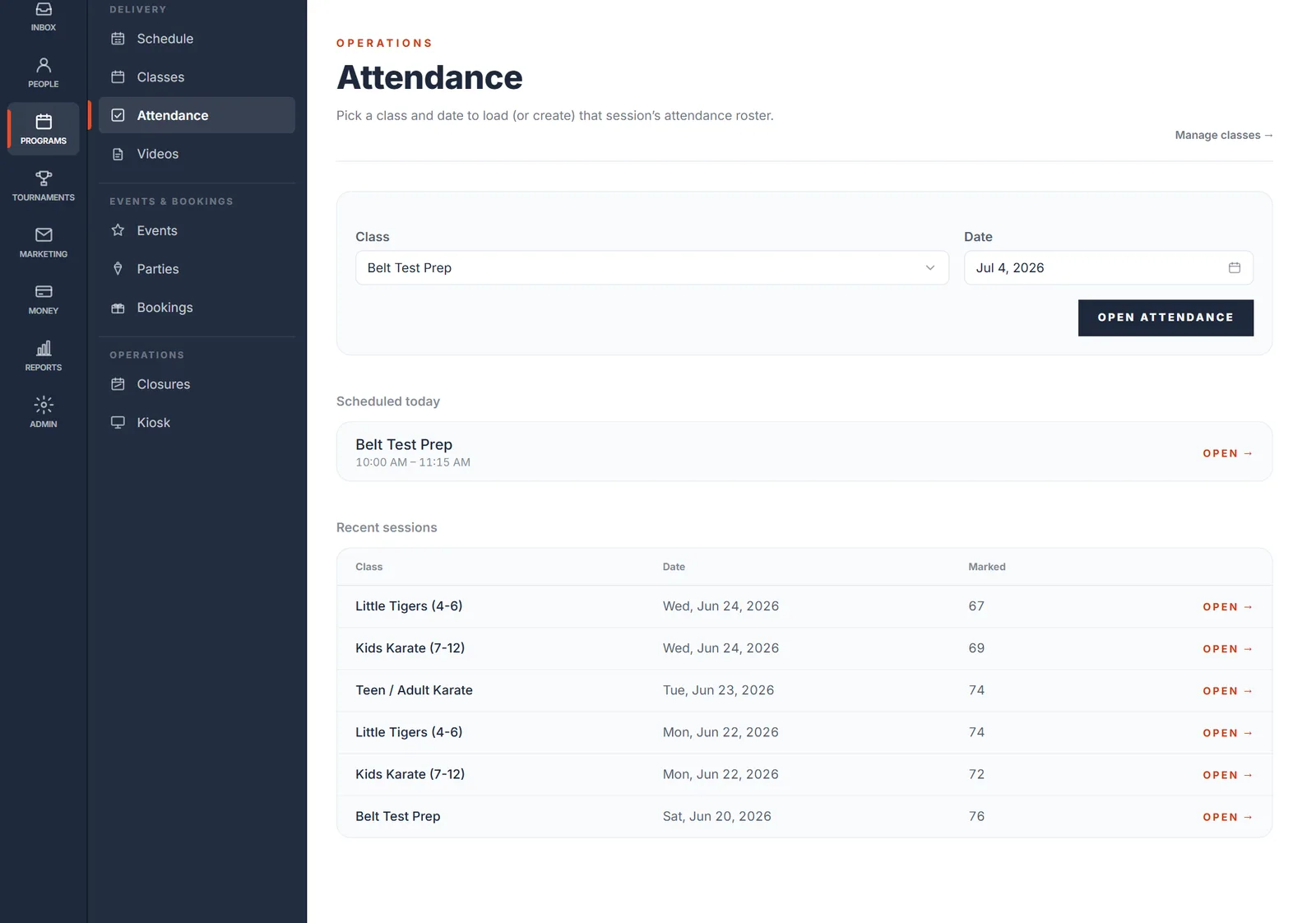 Check-in that logs itself — A tablet at the door or a tap in the office. Headcounts are live and the at-risk list writes itself.
