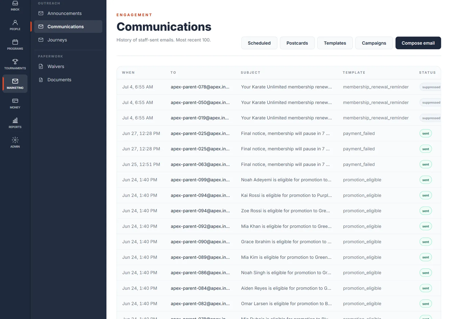 Reach every family, automatically — Reminders, promotion notices, and cancellations sent on their own — and logged on every record.