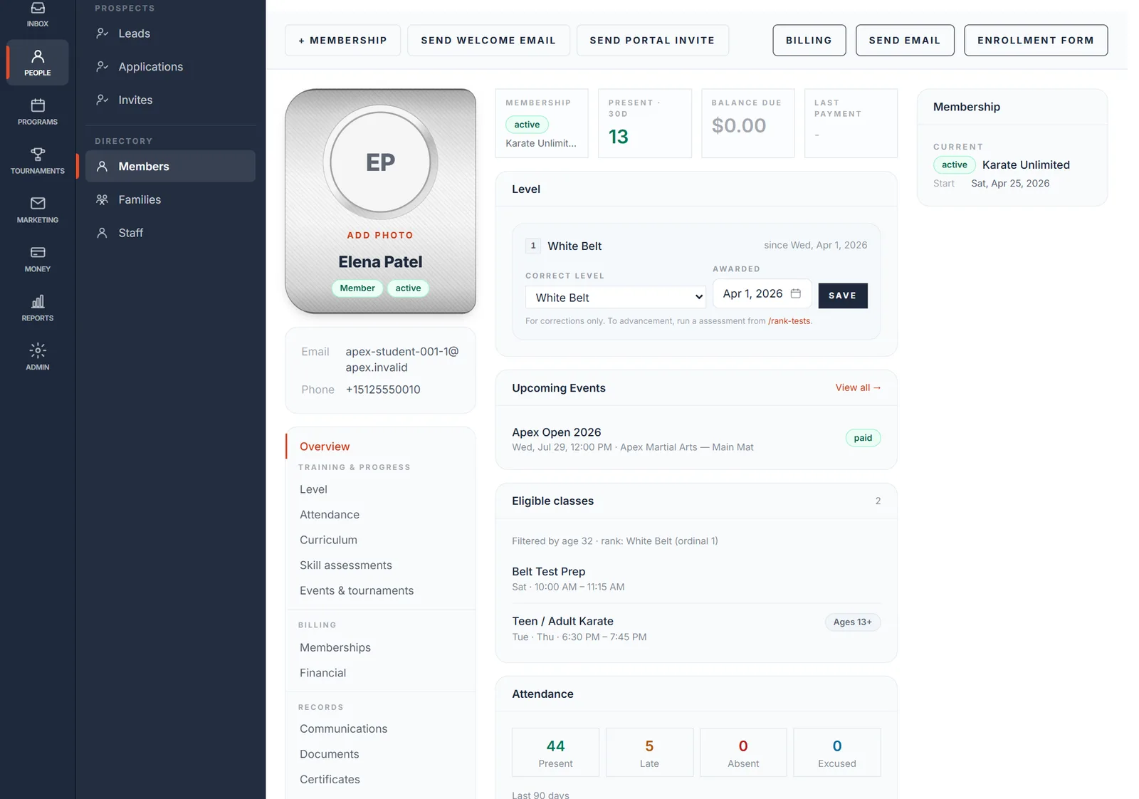 Every member on one page — Belt level, attendance, billing, documents, and family links — the whole picture, no tab-hopping.