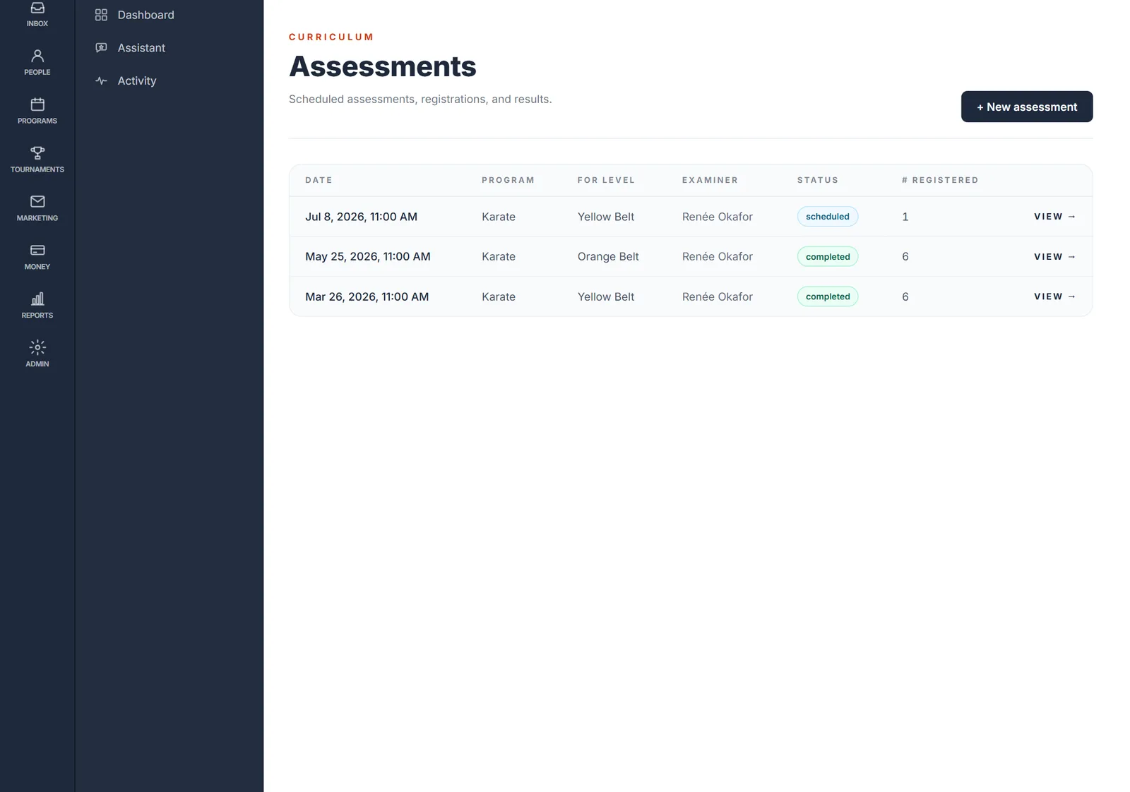 Testing and sign-off, built in — Belts, levels, grades — whatever you call them. Eligibility, tests, and curriculum sign-off are native.